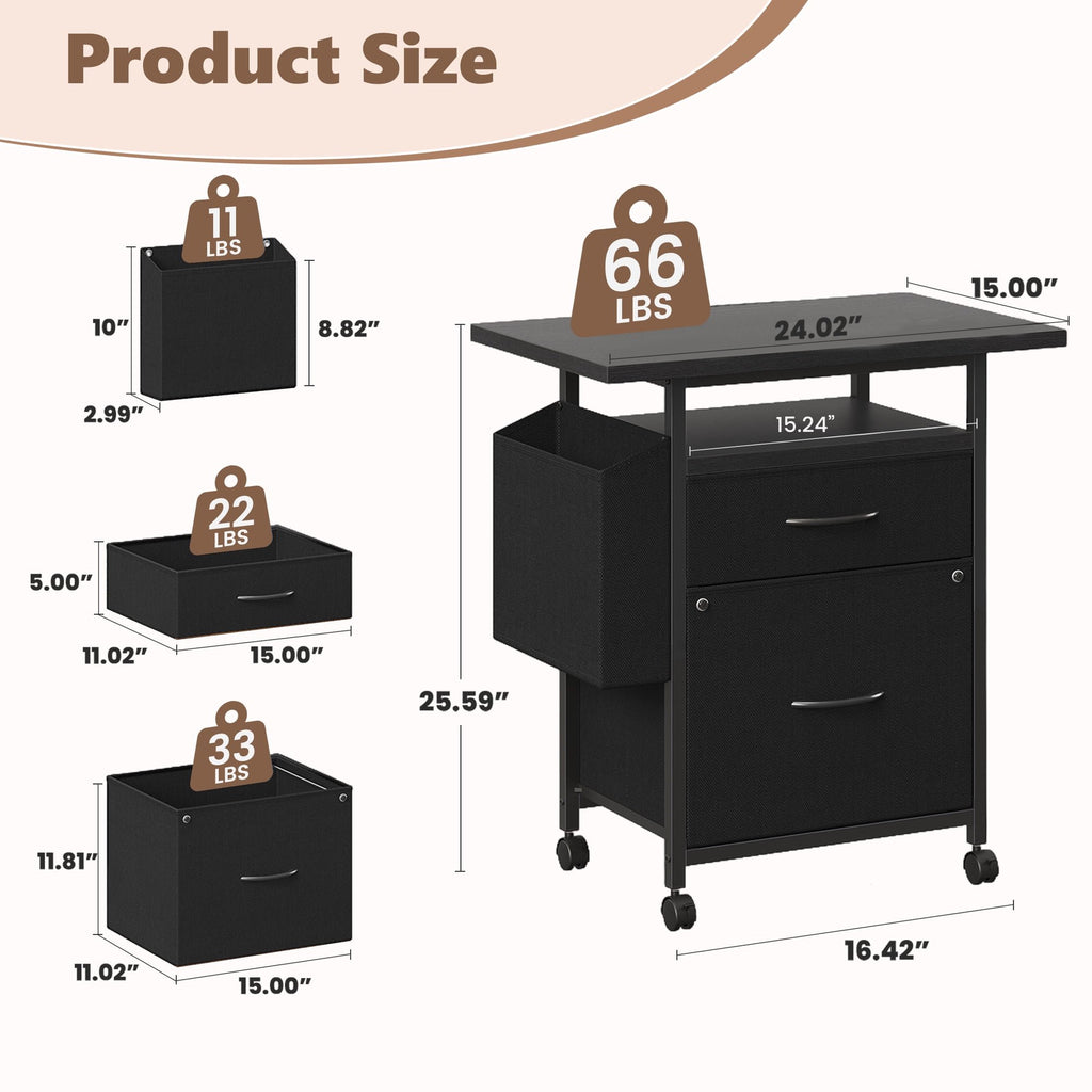 JIOABL Rolling Printer Stand with 2 Fabric Drawers, Storage Shelf, Side Organizer Bag and Lockable Wheels for Home Office
