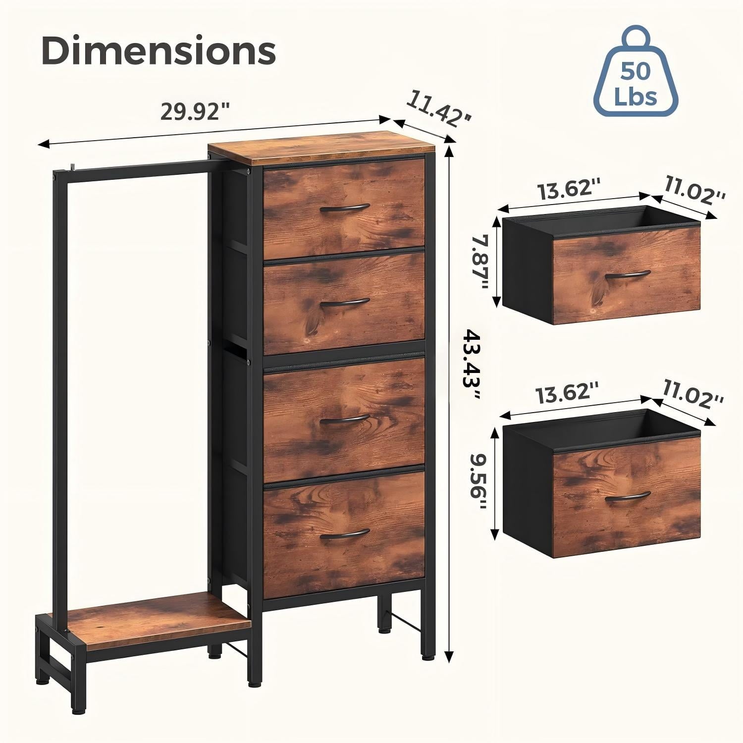 JIOABL 4 Drawer Dresser with Hanging Rack, Steel Frame, Fabric Drawers, Tall Storage Organizer for Bedroom