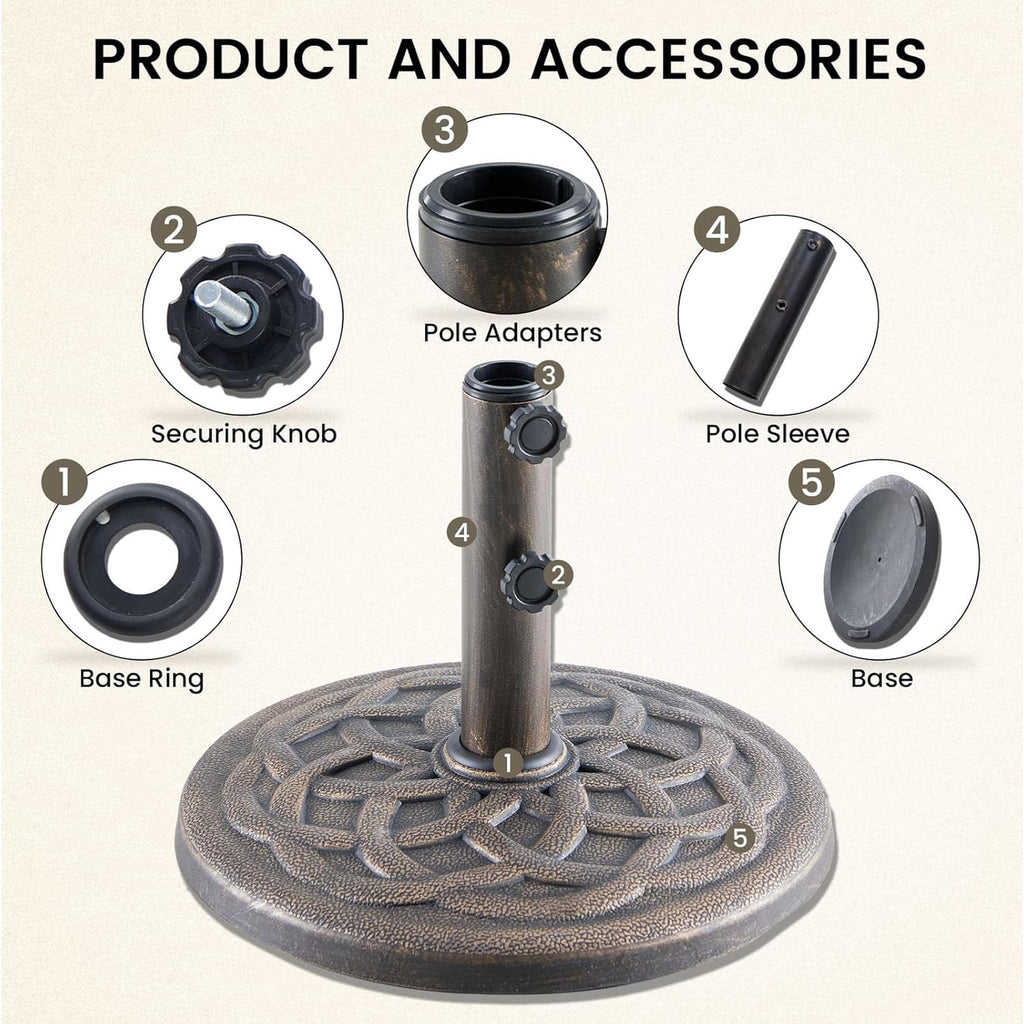 JIOABL Patio Umbrella Base with 2 Removable Pole Adapters, Heavy Duty Resin & Iron Stand, Waterproof, UV-Resistant, Adjustable