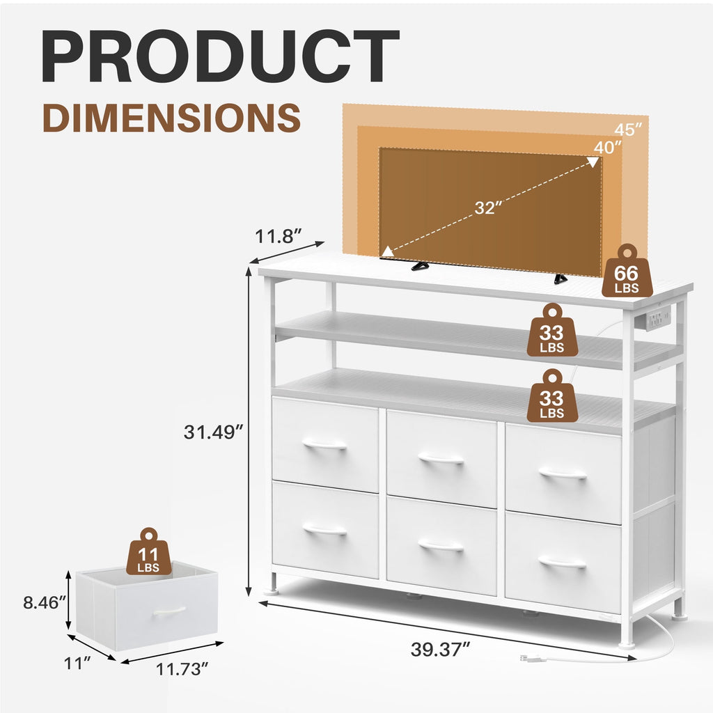 JIOABL TV Stand with  Fabric Drawers & Power Outlet, LED TV Console with USB & Type-C, Storage Dresser for Living Room