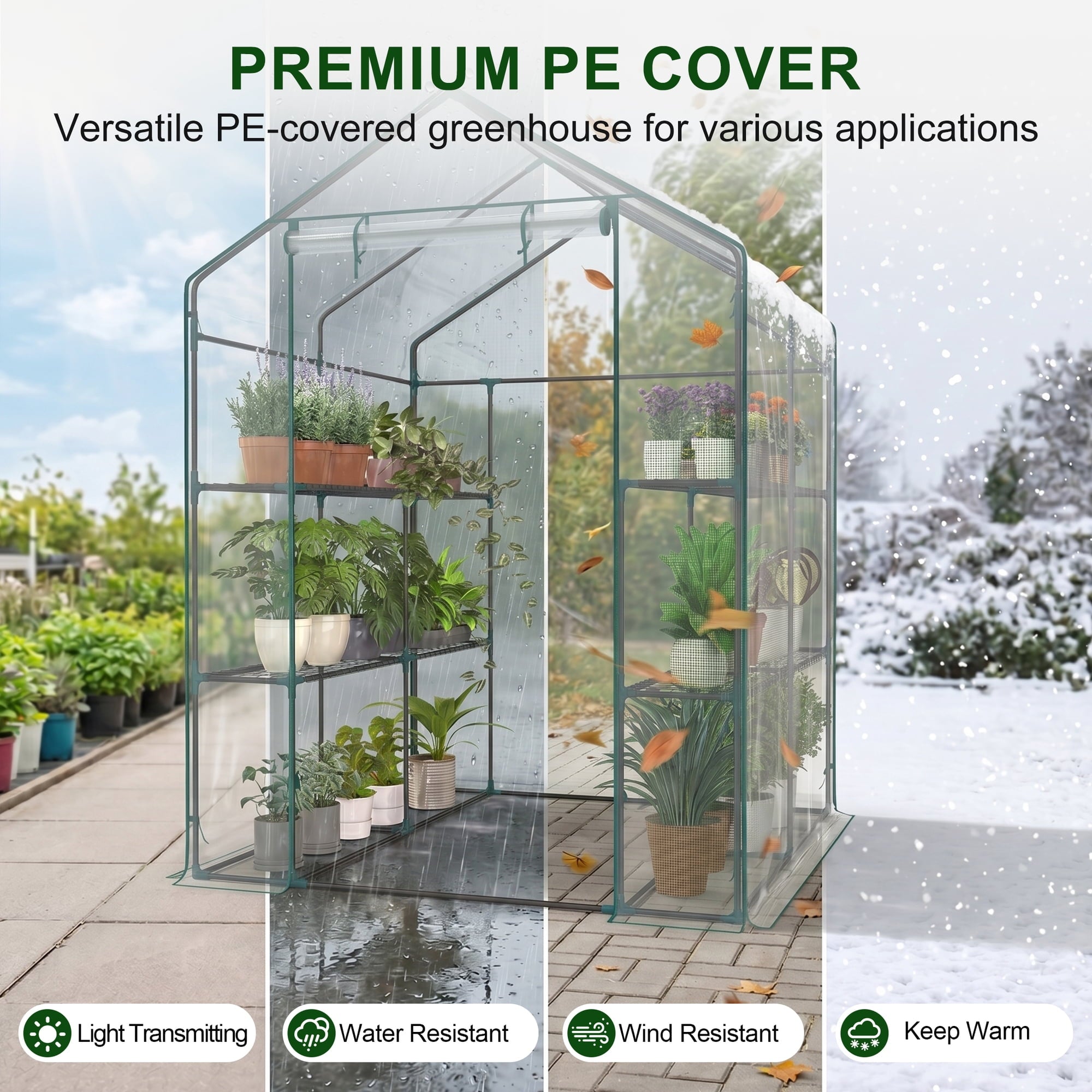 JIOABL 3-Tier Walk-In Greenhouse with PVC Cover, Roll-Up Zipper Door & Side Windows, Steel Frame, Outdoor Plant Greenhouse for Garden, Patio, Glear