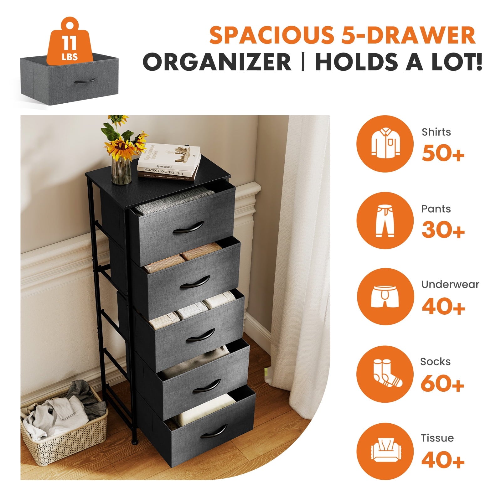 JIOABL 5-Drawer Fabric Dresser with Metal Frame and Wooden Top TV Stand - Perfect for Clothes, Living Room, Hallway, Entryway
