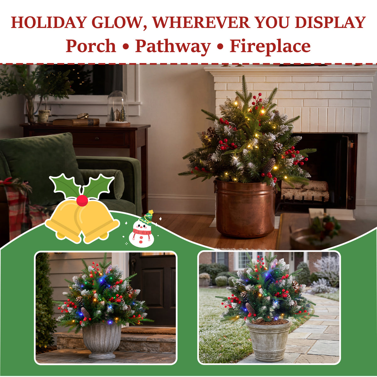 JIOABL Lighted Christmas Urn Filler, 24 in Artificial Pine Branches with 50 Warm White LEDs, 8 Modes and Timer, Indoor Outdoor Decor