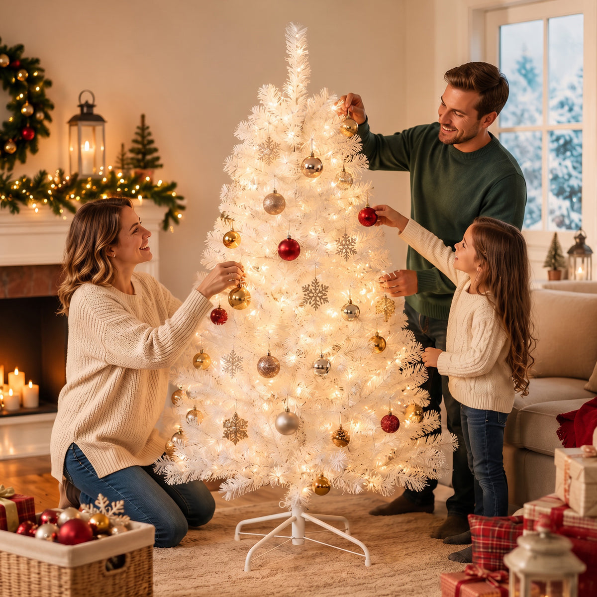 JIOABL Pre-Lit Artificial Christmas Tree, Pre Strung LED Lights, Indoor Xmas Holiday Decor with Metal Stand