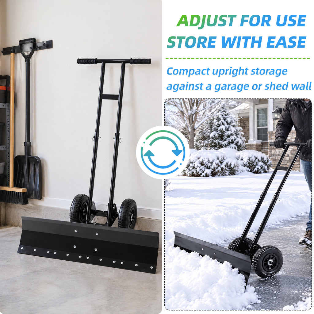 JIOABL 36 inch Snow Pusher with Wheels, Galvanized Steel Snow Plow, Adjustable Blade Angle & Handle for Driveway, Sidewalk & Walkway