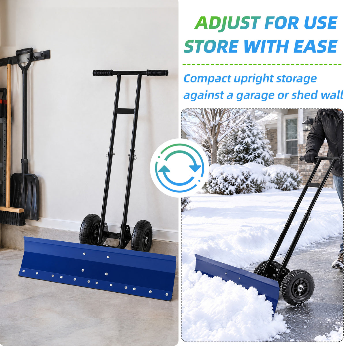 JIOABL 36 inch Snow Pusher with Wheels, Galvanized Steel Snow Plow, Adjustable Blade Angle & Handle for Driveway, Sidewalk & Walkway