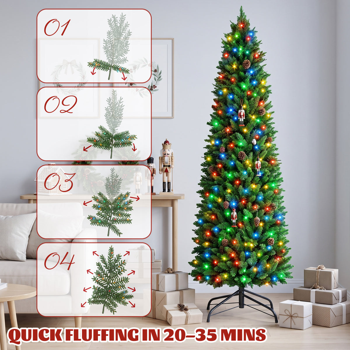 JIOABL Pre-Lit Fraser Fir Pencil Artificial Christmas Tree, Premium Multicolor LED Lights