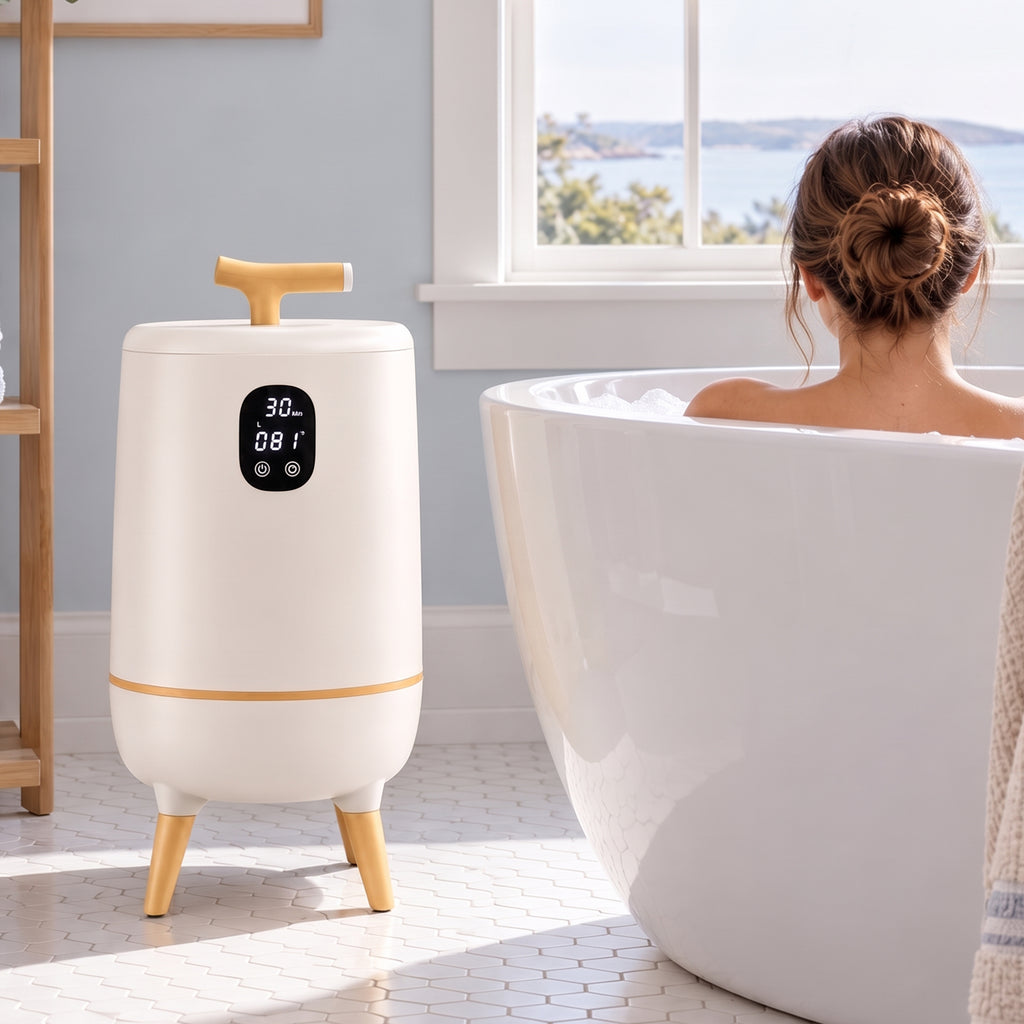 JIOABL 20L High-Leg Round Towel Warmer Bucket | Fits Two 40"x70" Towels, One-Touch, 60 Min Timer, Bluetooth Speaker & Ambient Ligh