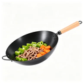 JIOABL 13.5 In Carbon Steel Wok, Pre-Seasoned Stir Fry Pan with Wooden Handle, Flat Bottom for Gas Induction Grill Campfire, Black