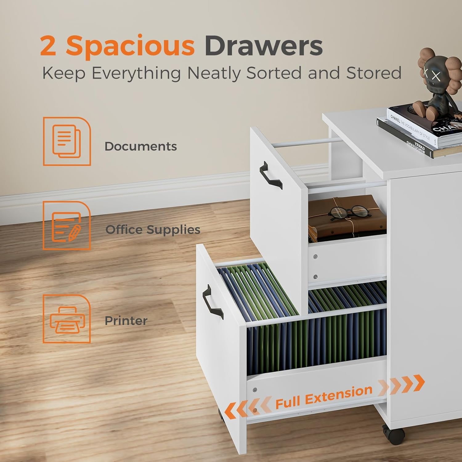 JIOABL 2 Drawer Rolling File Cabinet with Lockable Wheels, Mobile Printer Stand with Storage, Steel Frame, 1 Set