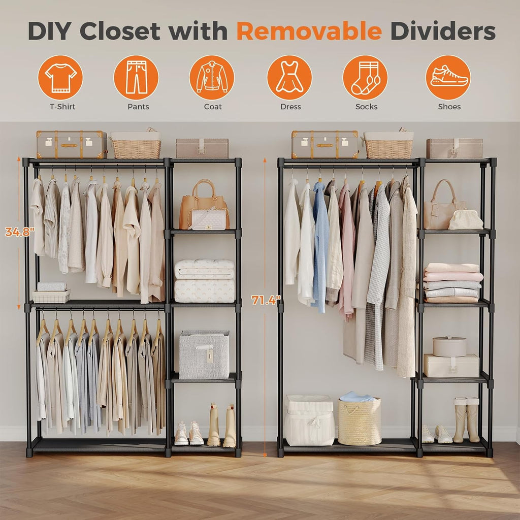 JIOABL Portable Clothes Rack with Shelves, Freestanding Closet Organizer with Hanging Rods for Bedroom, Entryway