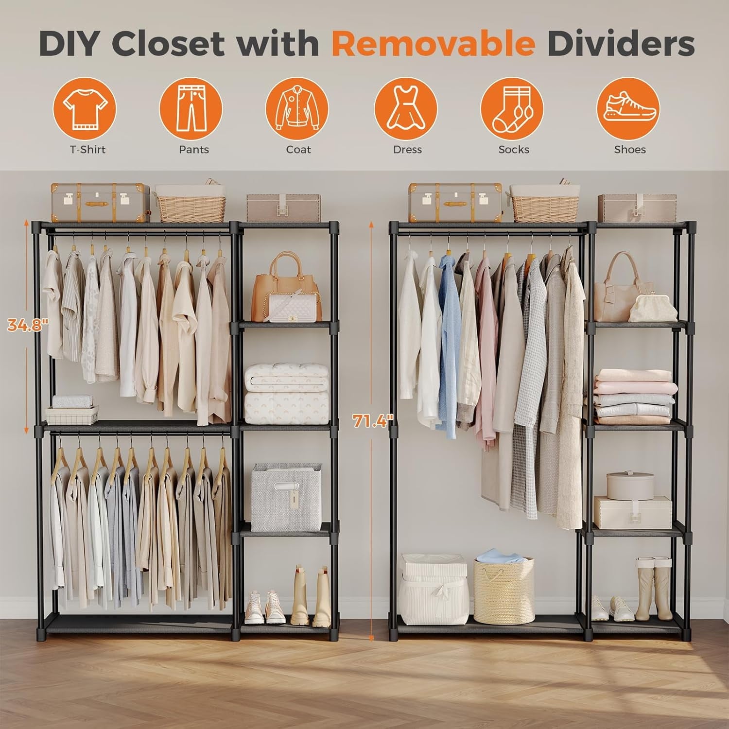 JIOABL Portable Clothes Rack with Shelves, Freestanding Closet Organizer with Hanging Rods for Bedroom, Entryway