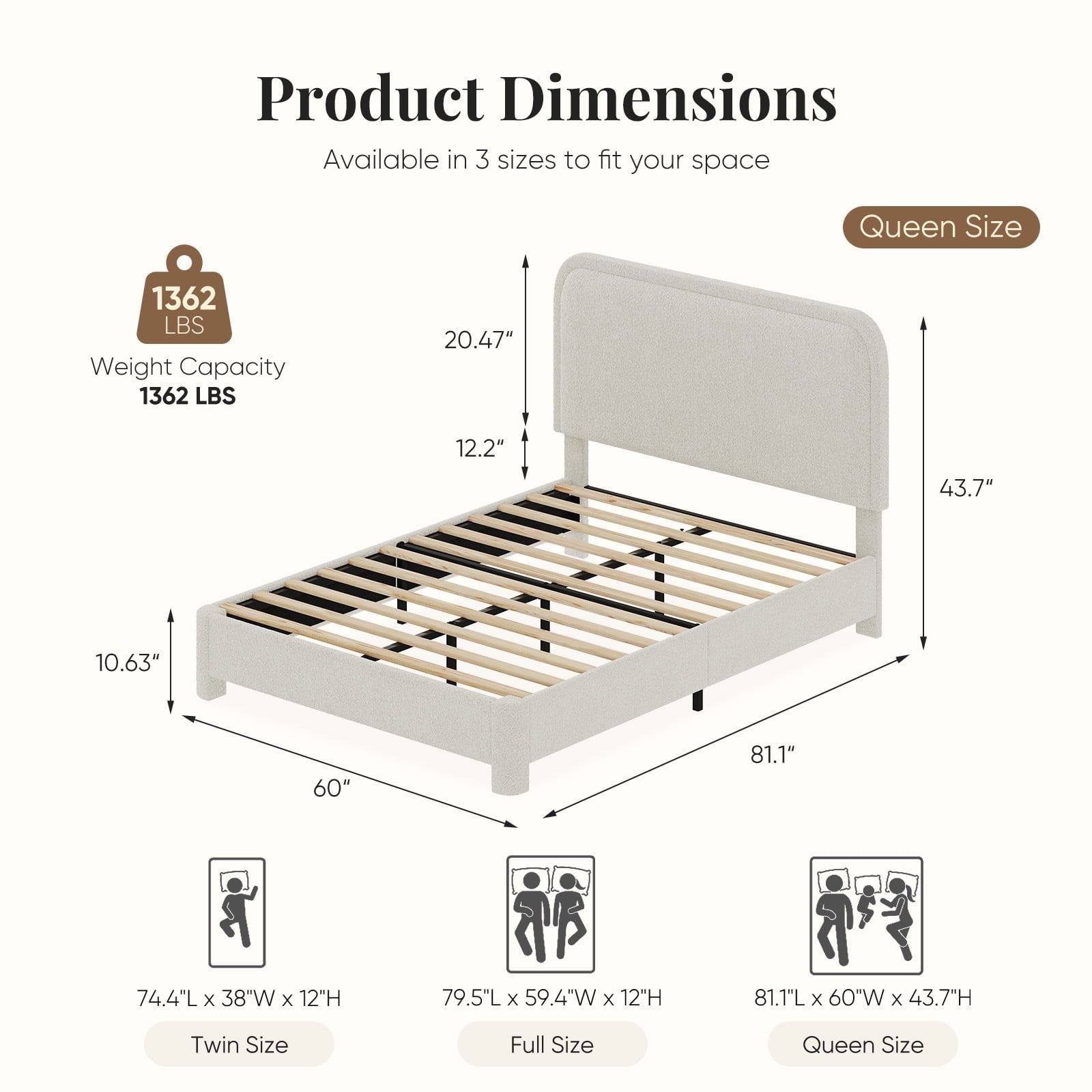JIOABL Upholstered Platform Bed Frame with Adjustable Headboard, Teddy Fleece Fabric, No Box Spring Needed, White