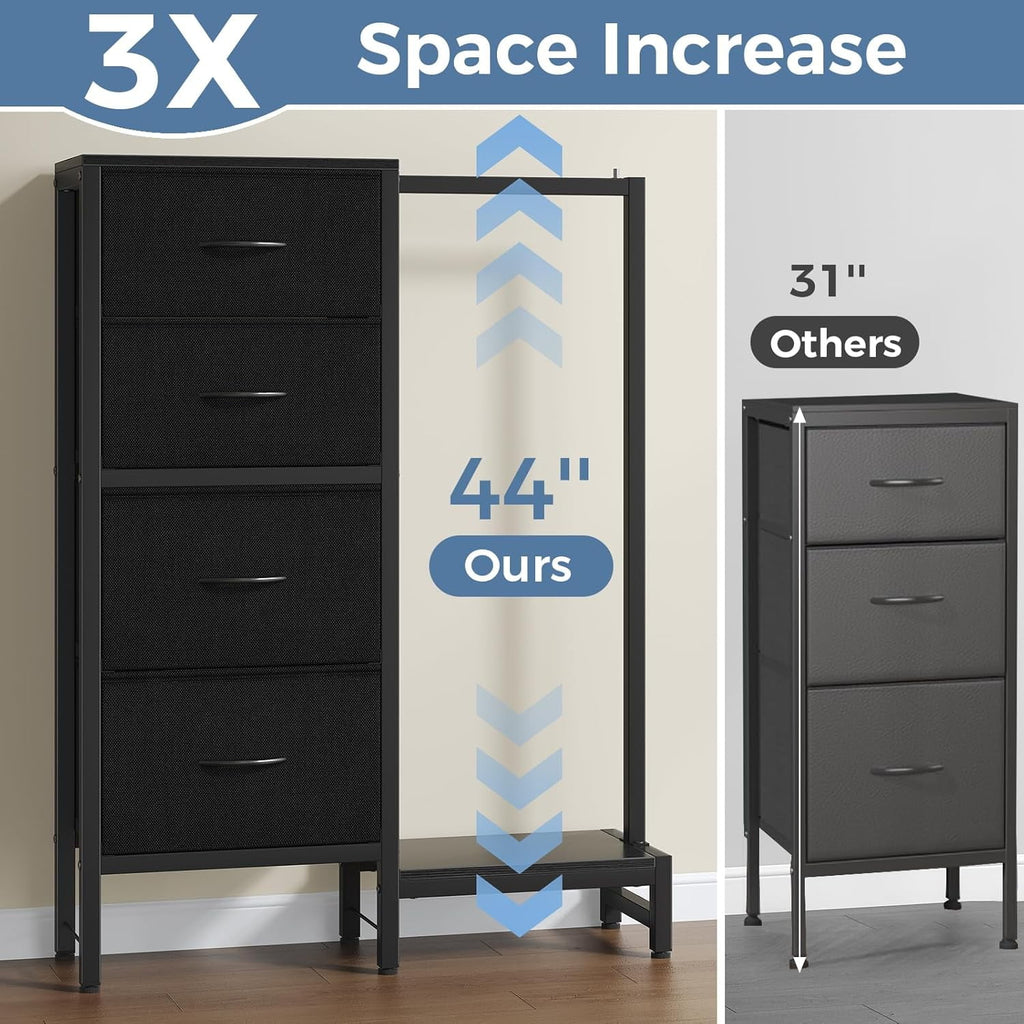 JIOABL 4 Drawer Dresser with Hanging Rack, Steel Frame, Fabric Drawers, Tall Storage Organizer for Bedroom