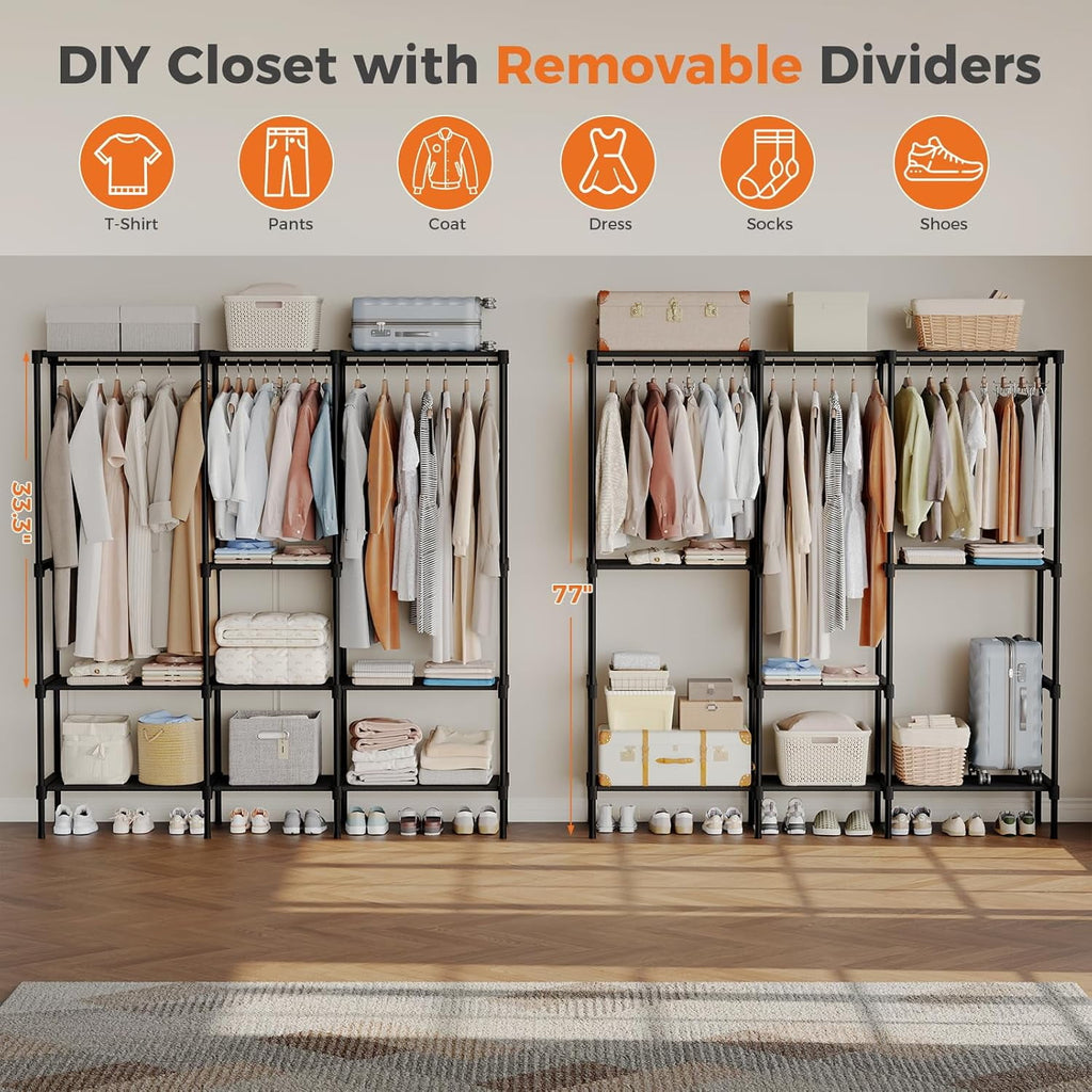 JIOABL Portable Clothes Rack with Shelves, Freestanding Closet Organizer with Hanging Rods for Bedroom, Entryway