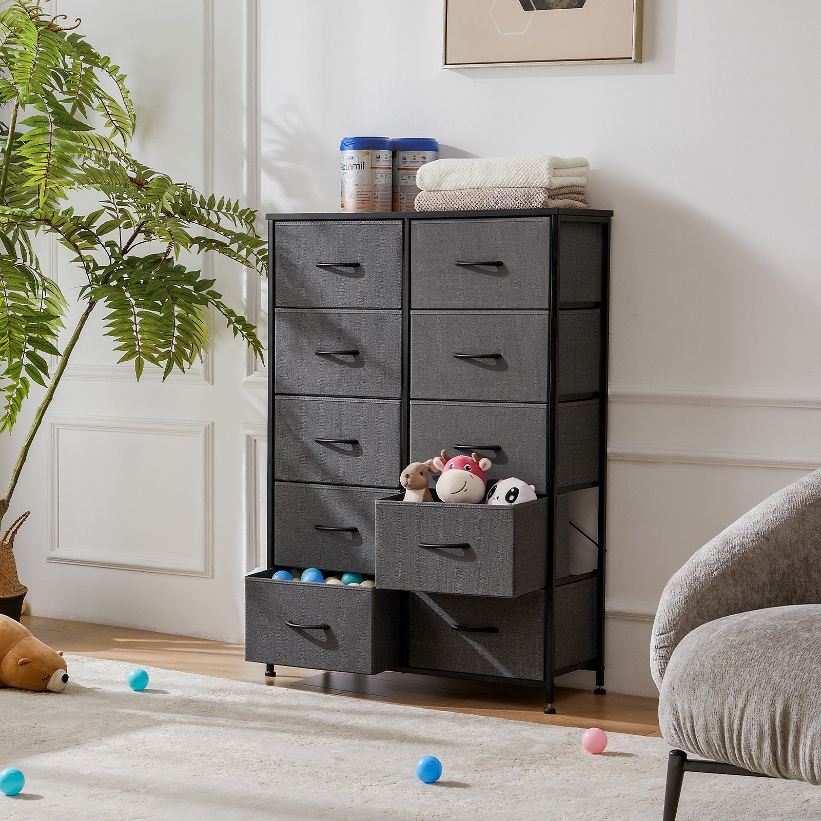 JIOABL Drawer Chest Organizer with Fabric Bins, Dresser for Bedroom, Tall Steel Frame