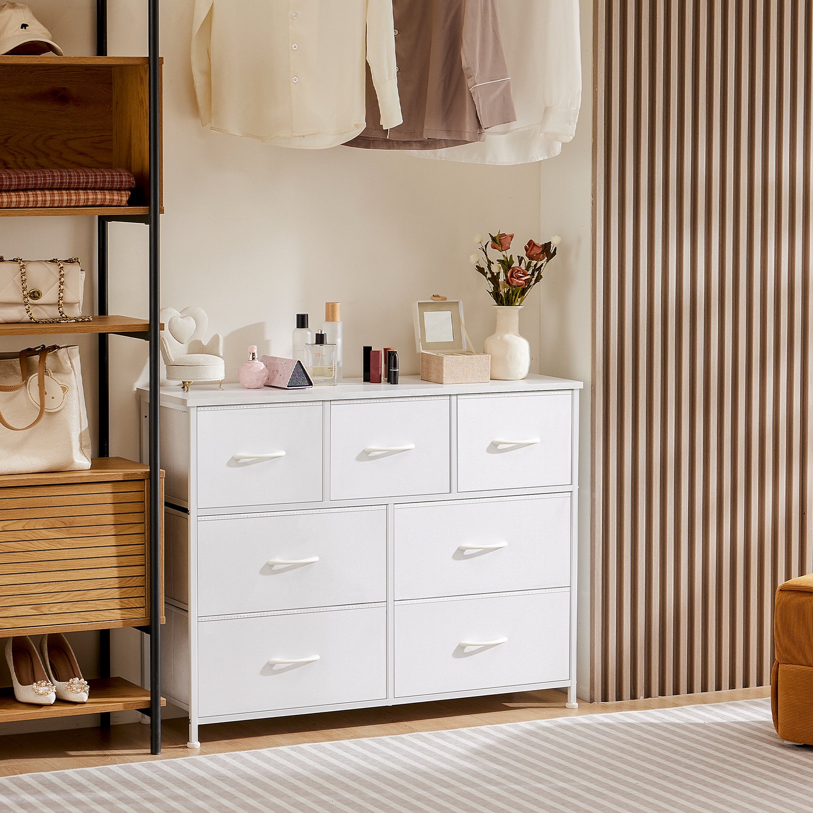 JIOABL Drawer Chest Organizer with Fabric Bins, Dresser for Bedroom, Tall Steel Frame