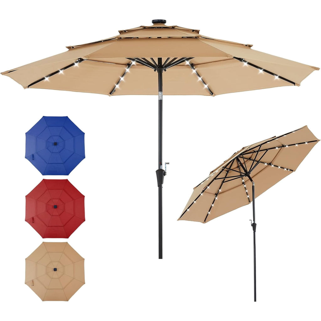 JIOABL 10FT Solar LED Patio Umbrella with Tilt & Vent, 32 LED Lights, 8 Ribs, UV-Resistant & Water-Resistant for Garden, Deck, Patio