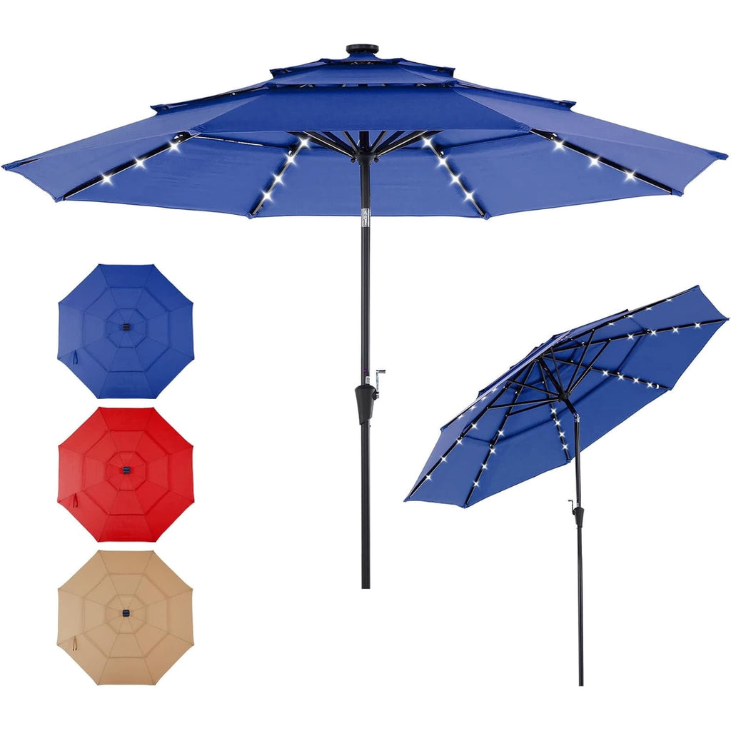 JIOABL 10FT Solar LED Patio Umbrella with Tilt & Vent, 32 LED Lights, 8 Ribs, UV-Resistant & Water-Resistant for Garden, Deck, Patio