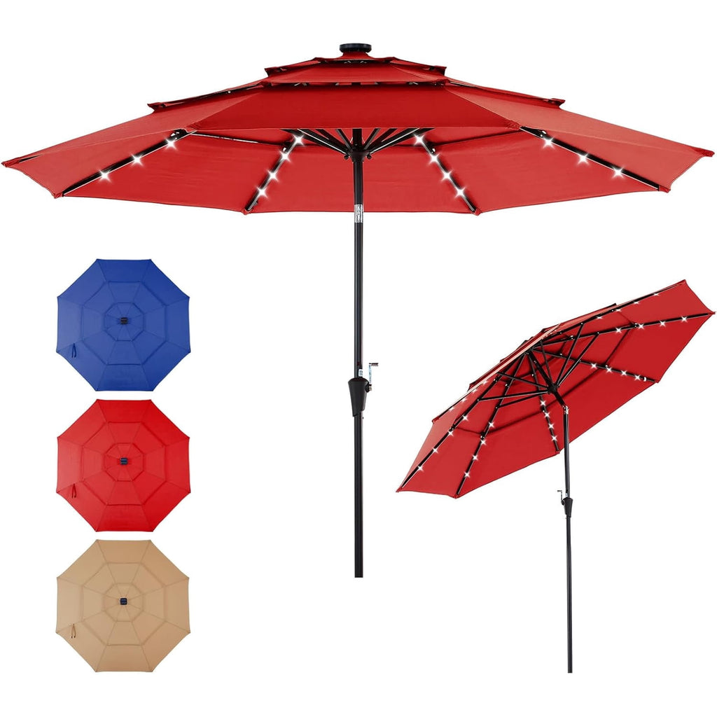 JIOABL 10FT Solar LED Patio Umbrella with Tilt & Vent, 32 LED Lights, 8 Ribs, UV-Resistant & Water-Resistant for Garden, Deck, Patio