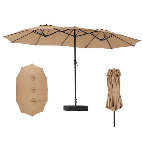 JIOABL 15FT Triple Head Patio Umbrella with Base & Sandbags, Large Outdoor Umbrella with Crank, 12 Ribs, UV-Resistant & Ventilated Canopy
