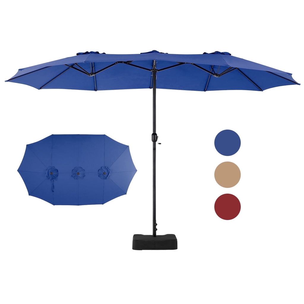 JIOABL 15FT Triple Head Patio Umbrella with Base & Sandbags, Large Outdoor Umbrella with Crank, 12 Ribs, UV-Resistant & Ventilated Canopy