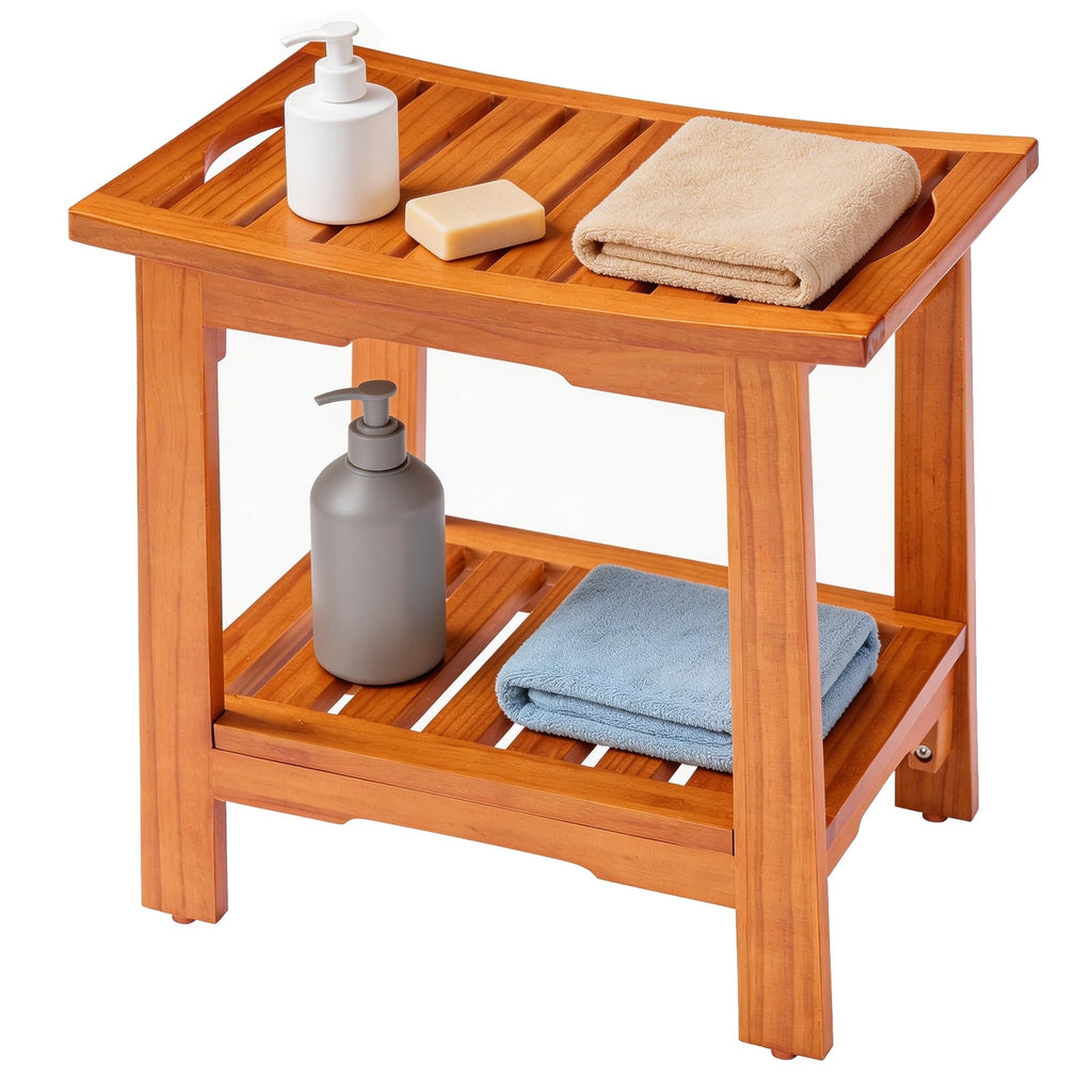 JIOABL Pine Wood Shower Bench, 250lbs Capacity, Waterproof, Non-Slip, Adjustable, for Indoor & Outdoor Use - Natural Finish