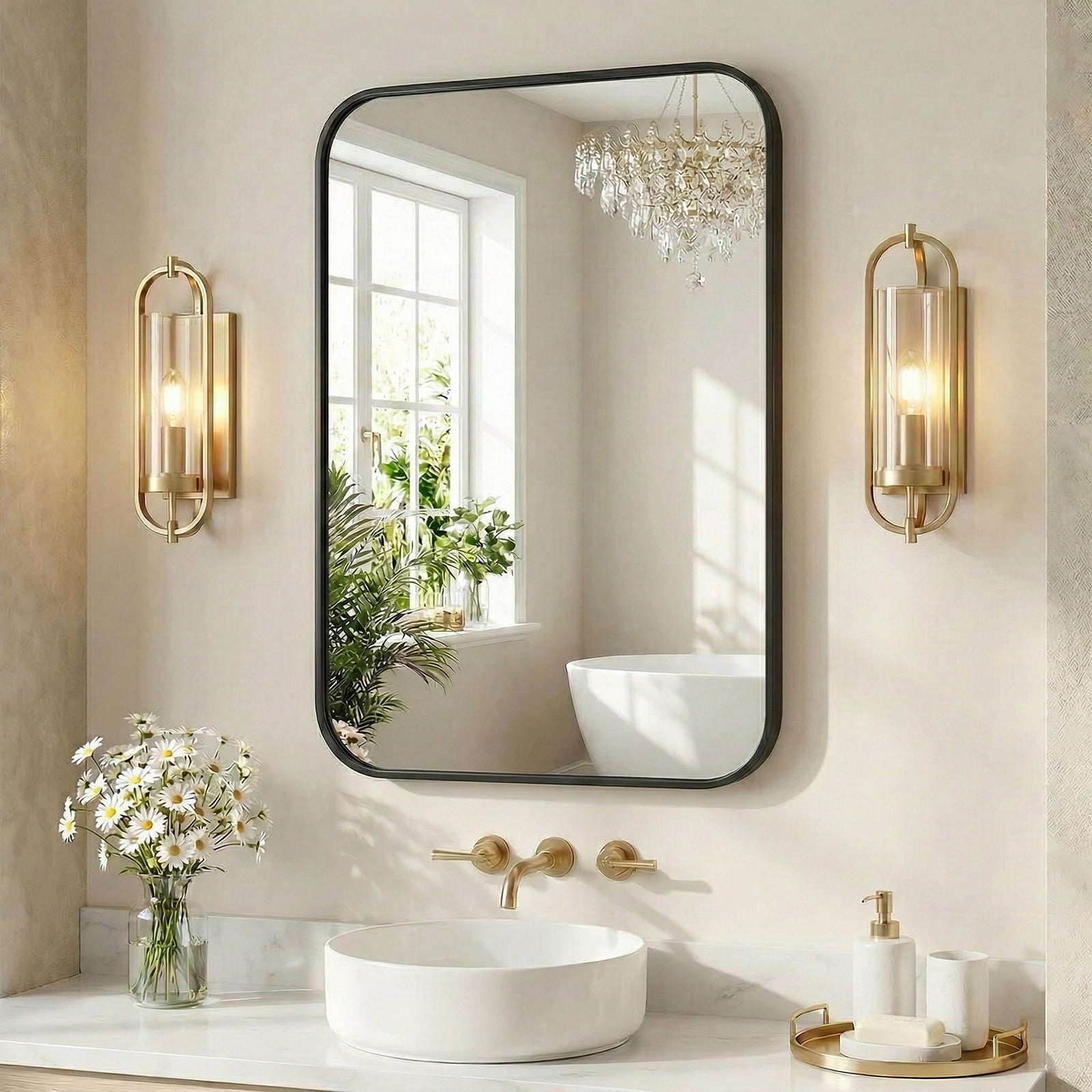 JIOABL Square with Rounded Corners Bathroom Mirror, Aluminum Wall-Mounted Tempered Glass Mirror - Perfect for Bathroom, Bedroom & Living Room