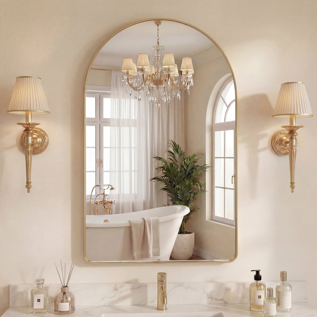 JIOABL Arched-Top Rectangular Wall-Mounted Mirror – Aluminum Frame, HD Tempered Glass, Perfect for Bathroom, Bedroom & Living Room