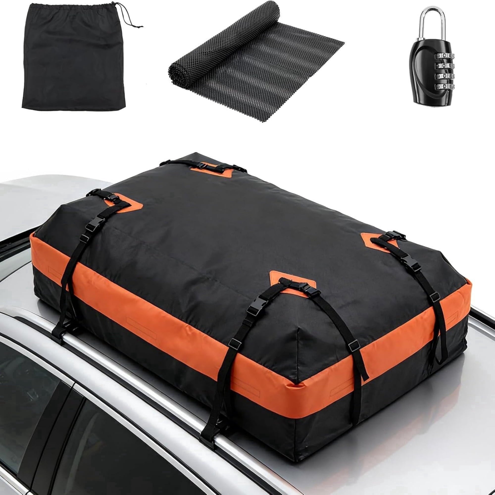 JIOABL Waterproof Car Roof Bag, 15 Cu Ft Rooftop Cargo Carrier with 6 Safety Hooks, Anti-Slip Mat, Lock, and Storage Bag for Cars & SUVs
