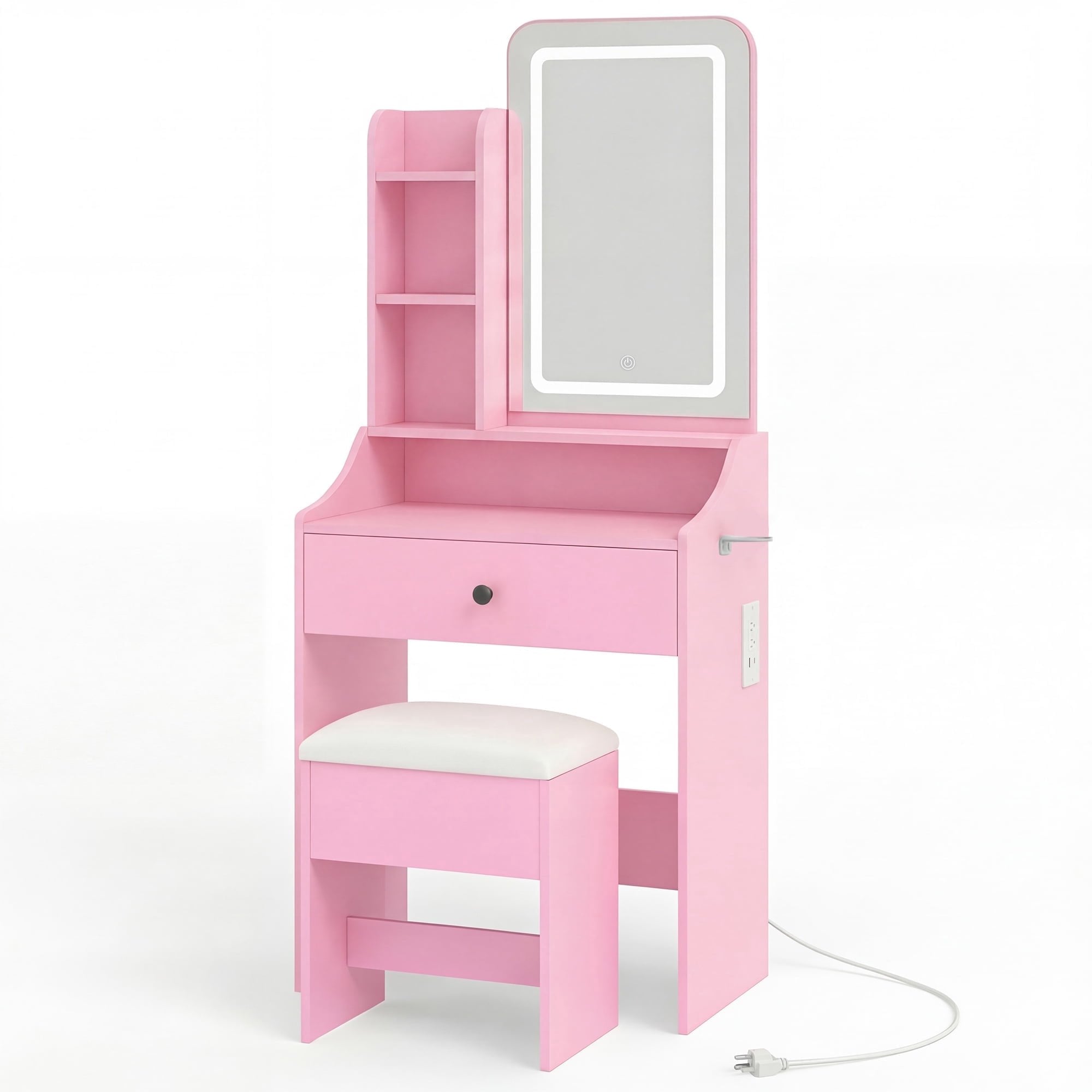 JIOABL 24" Vanity Desk with Mirror, LED Makeup Vanity with 3 Light Modes & Power Outlet, Storage Drawers & Stool, Dressing Table for Bedroom