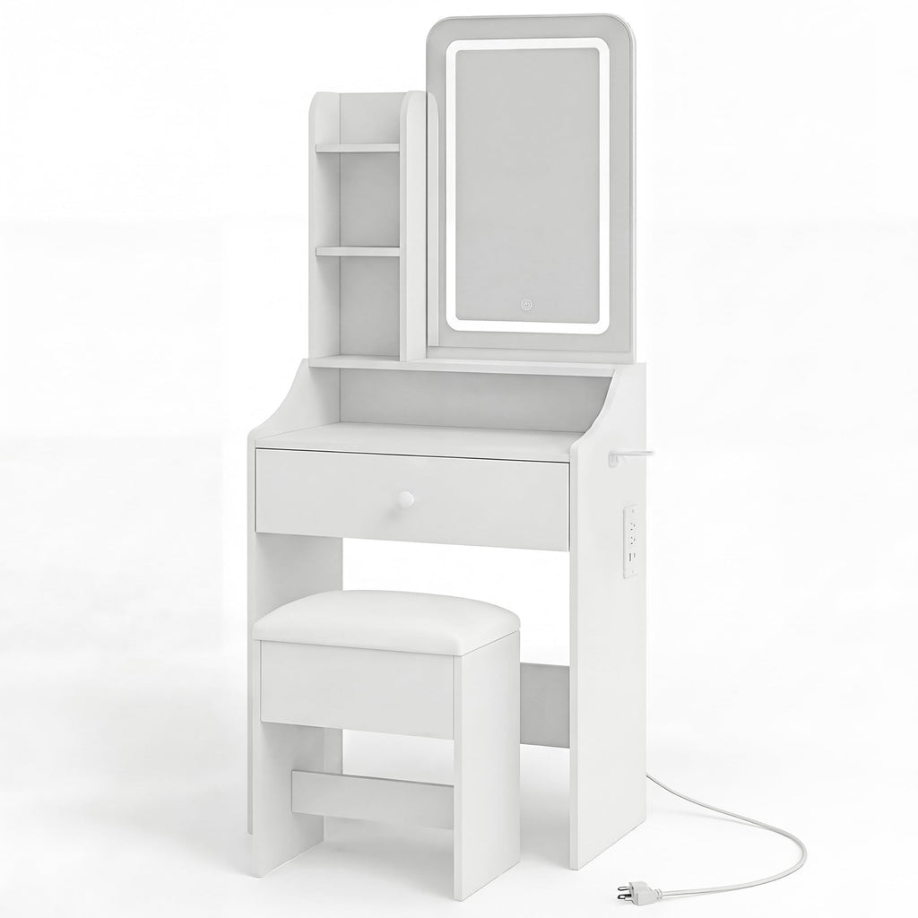 JIOABL 24" Vanity Desk with Mirror, LED Makeup Vanity with 3 Light Modes & Power Outlet, Storage Drawers & Stool, Dressing Table for Bedroom