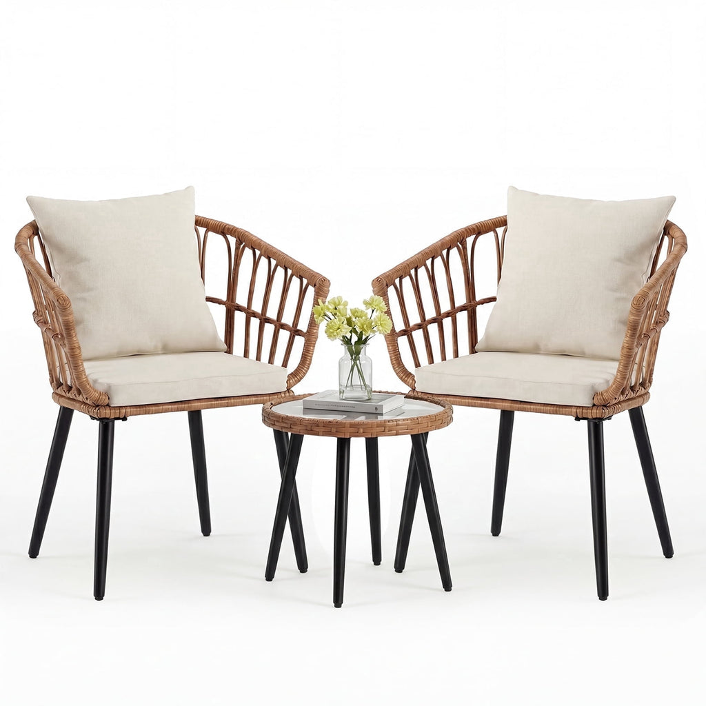 JIOABL Outdoor Bistro Set, Wicker Chairs & Glass Top Table for Patio, Balcony, Porch, Backyard