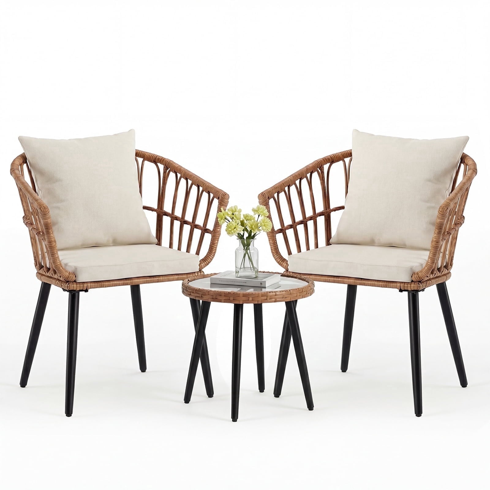 JIOABL Outdoor Bistro Set, Wicker Chairs & Glass Top Table for Patio, Balcony, Porch, Backyard