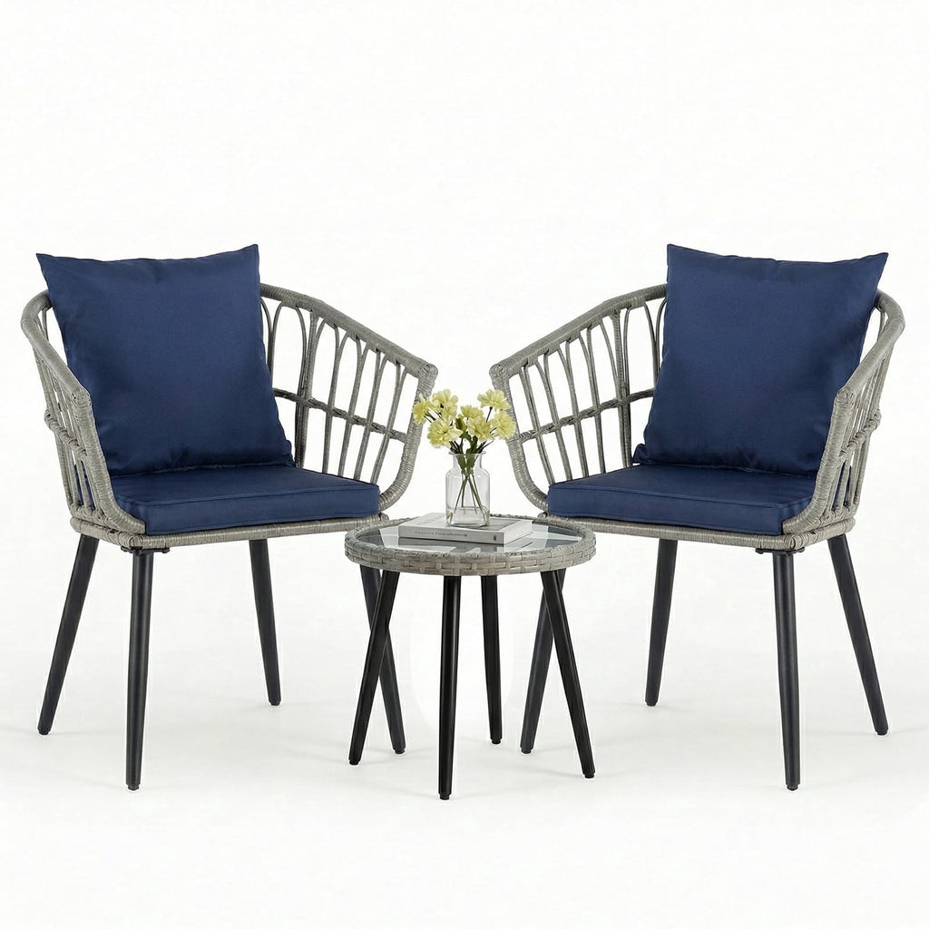 JIOABL Outdoor Bistro Set, Wicker Chairs & Glass Top Table for Patio, Balcony, Porch, Backyard