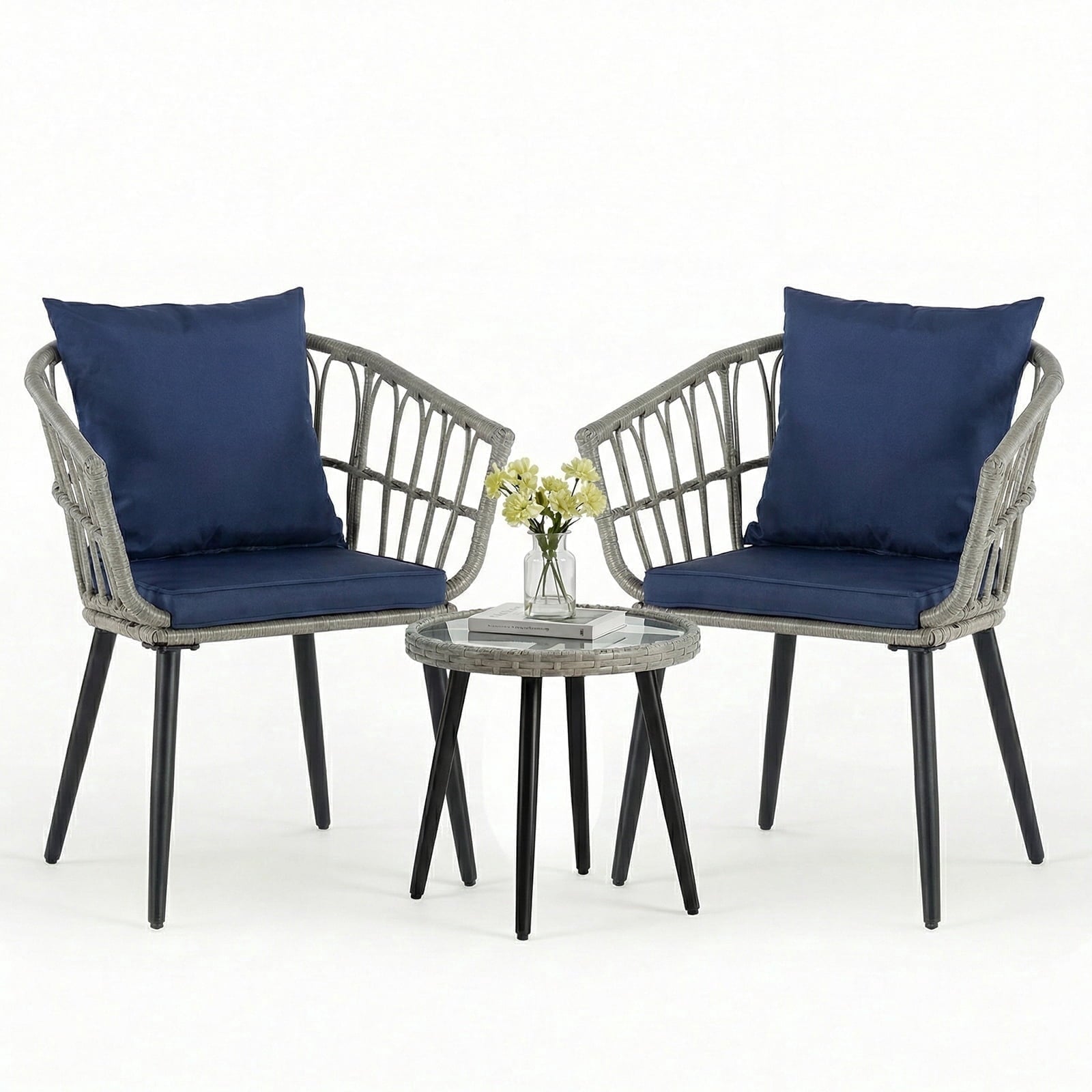 JIOABL Outdoor Bistro Set, Wicker Chairs & Glass Top Table for Patio, Balcony, Porch, Backyard