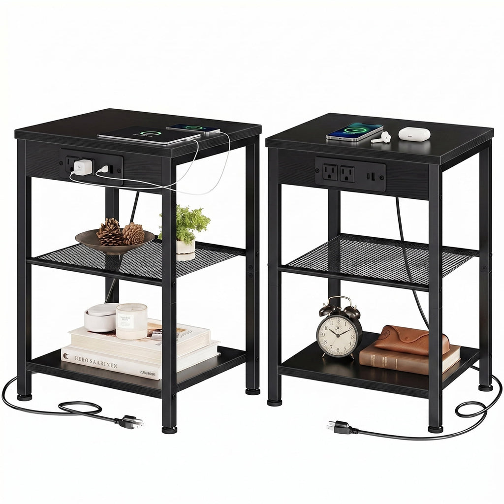 JIOABL 3-Tier Side Table with USB & AC Charging Station, Adjustable Shelves, Multi-Use for Living Room & Bedroom