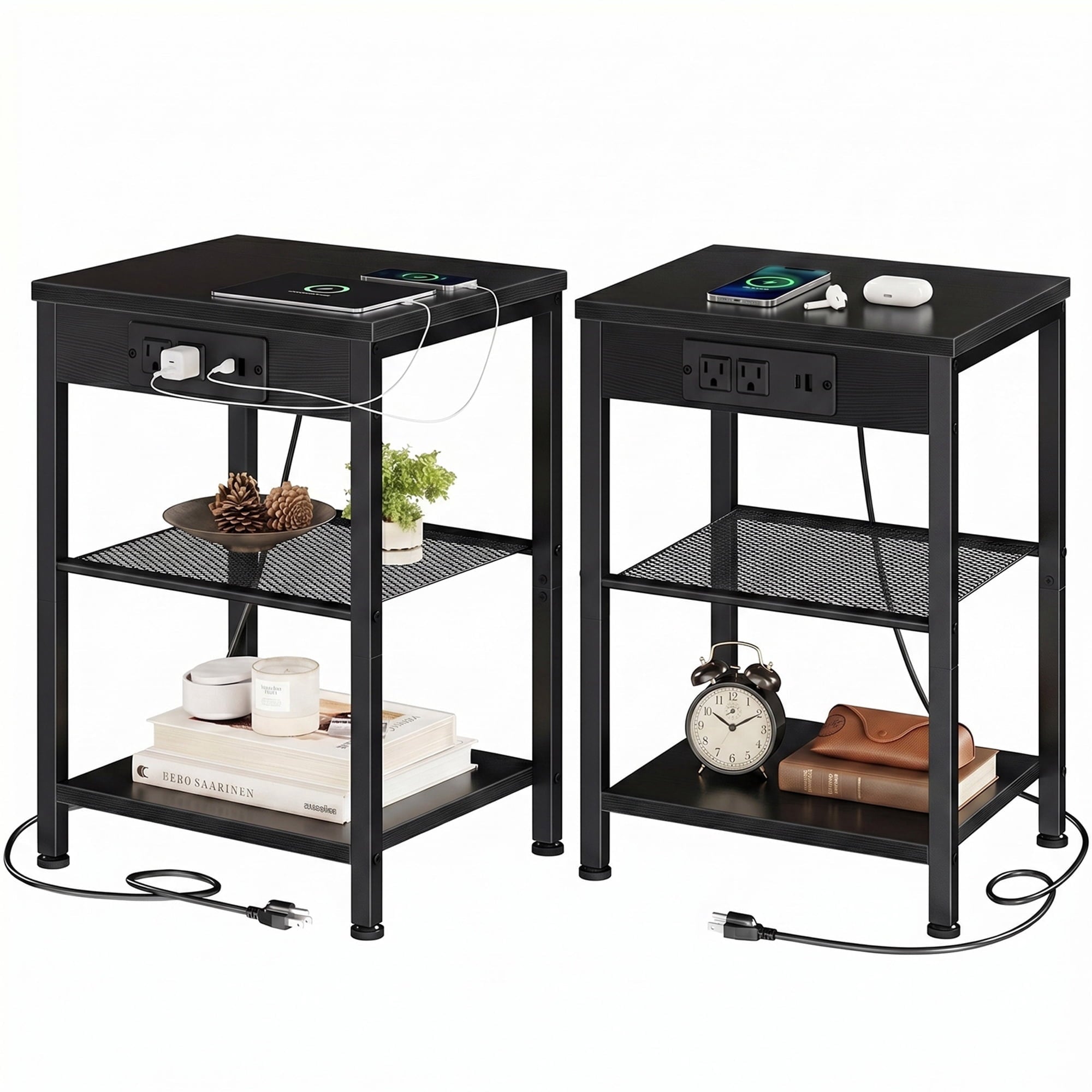 JIOABL 3-Tier Side Table with USB & AC Charging Station, Adjustable Shelves, Multi-Use for Living Room & Bedroom