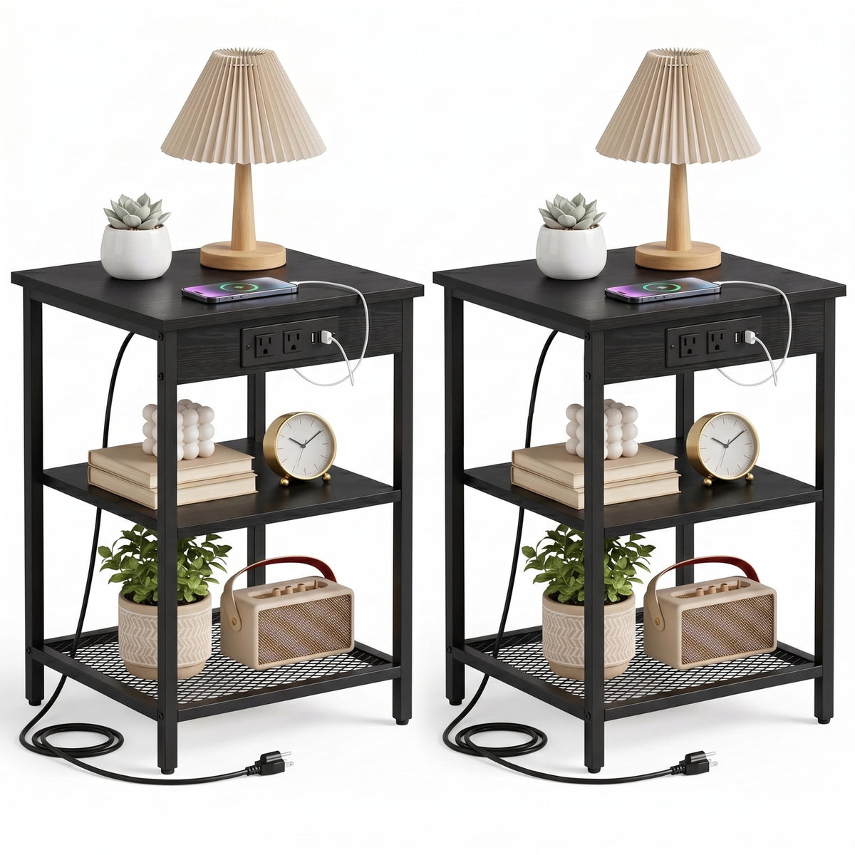 JIOABL 3-Tier Side Table with USB & AC Charging Station, Adjustable Shelves, Multi-Use for Living Room & Bedroom