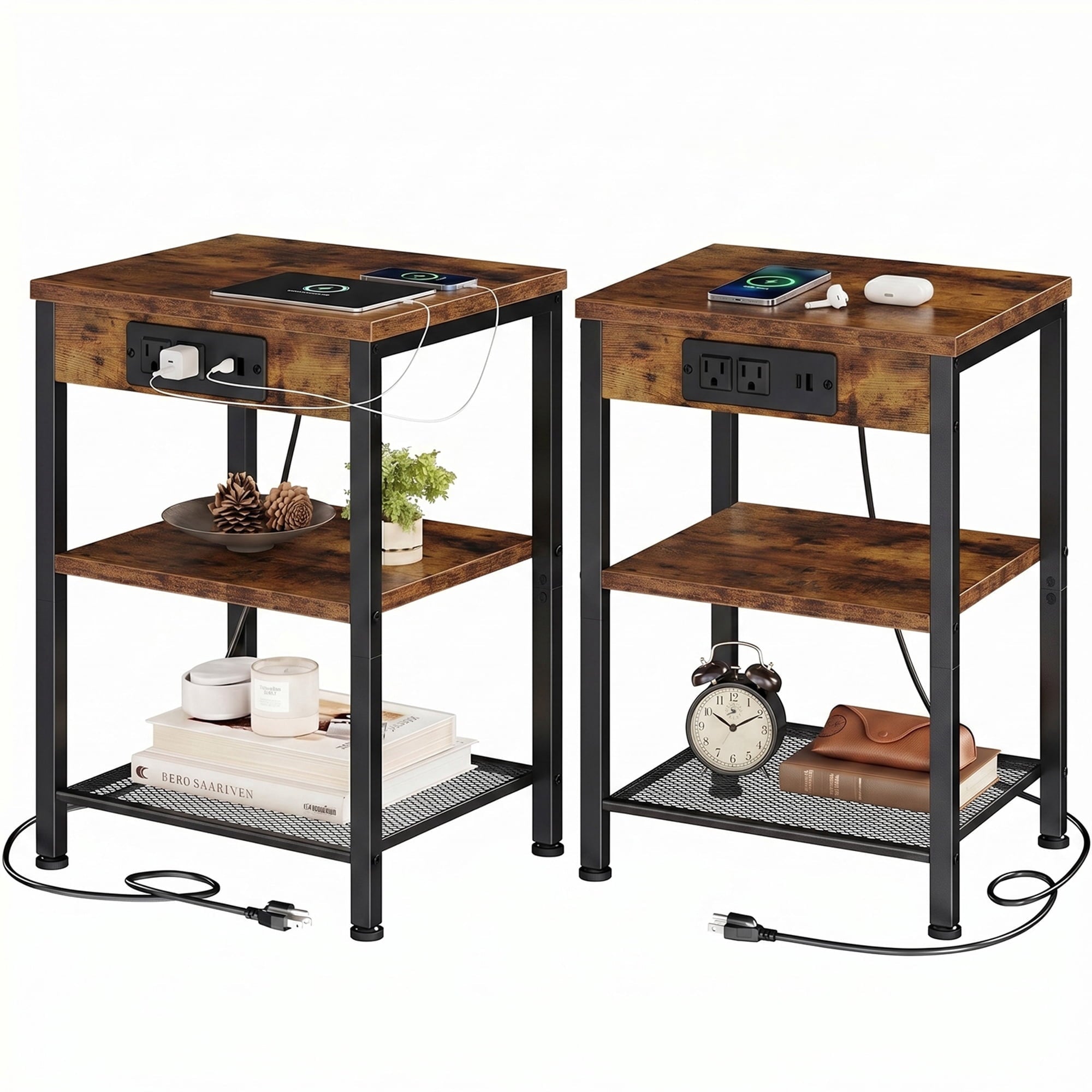 JIOABL 3-Tier Side Table with USB & AC Charging Station, Adjustable Shelves, Multi-Use for Living Room & Bedroom