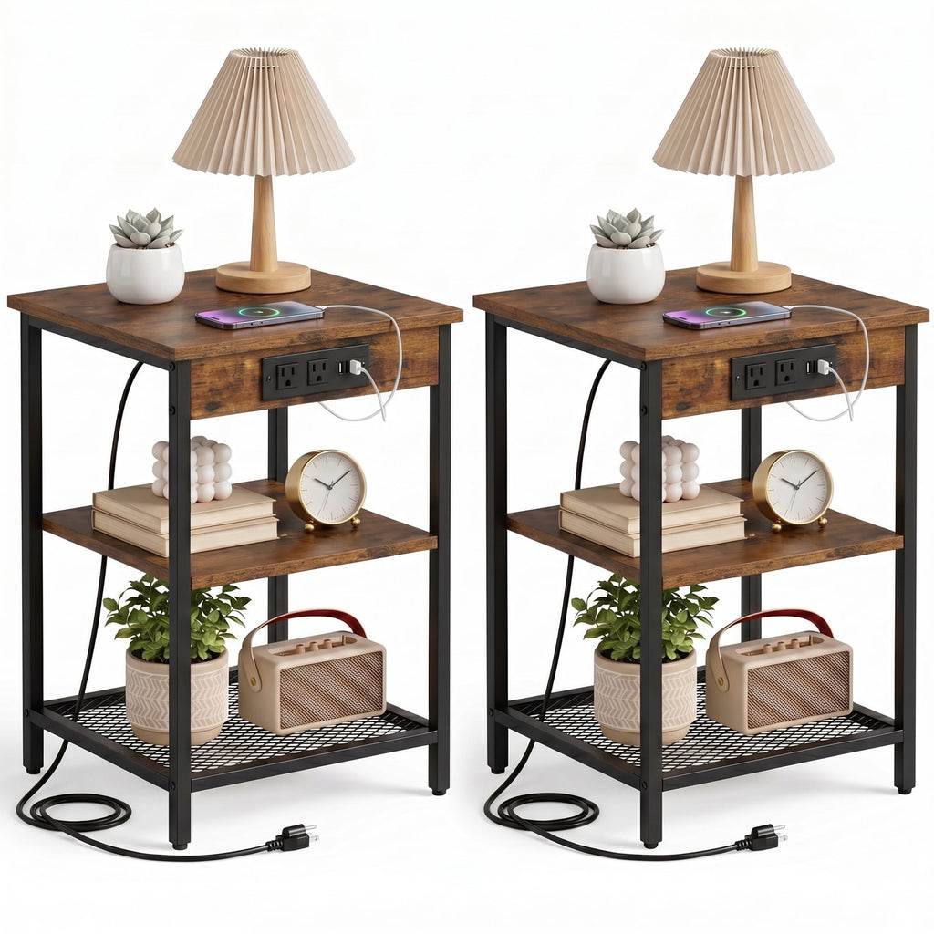JIOABL 3-Tier Side Table with USB & AC Charging Station, Adjustable Shelves, Multi-Use for Living Room & Bedroom