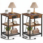 JIOABL 3-Tier Side Table with USB & AC Charging Station, Adjustable Shelves, Multi-Use for Living Room & Bedroom