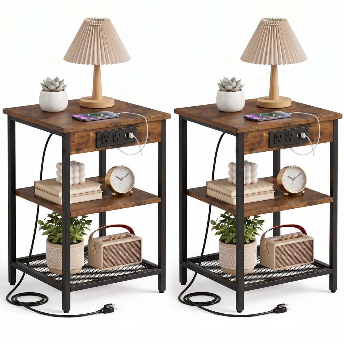 JIOABL 3-Tier Side Table with USB & AC Charging Station, Adjustable Shelves, Multi-Use for Living Room & Bedroom