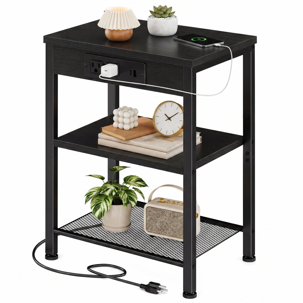JIOABL 3-Tier Side Table with USB & AC Charging Station, Adjustable Shelves, Multi-Use for Living Room & Bedroom