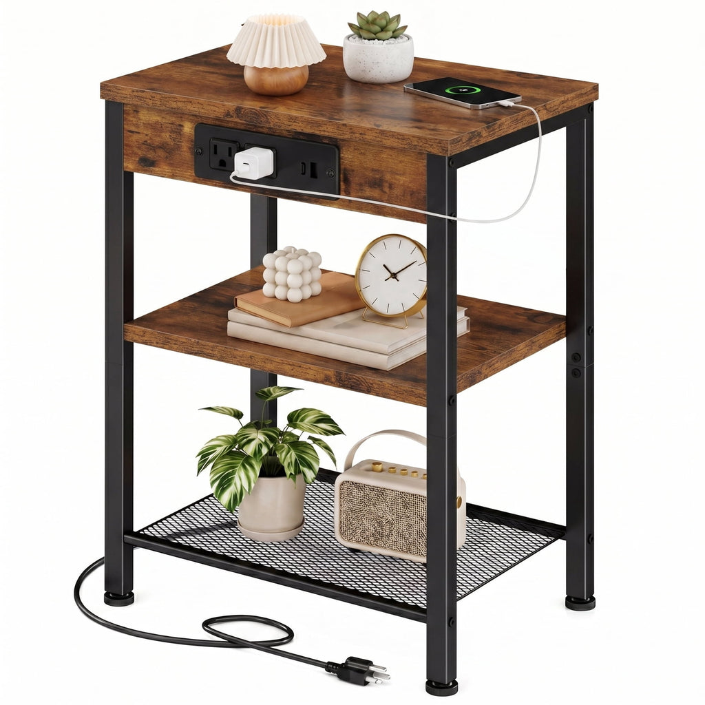 JIOABL 3-Tier Side Table with USB & AC Charging Station, Adjustable Shelves, Multi-Use for Living Room & Bedroom