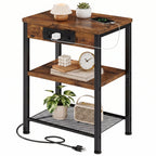 JIOABL 3-Tier Side Table with USB & AC Charging Station, Adjustable Shelves, Multi-Use for Living Room & Bedroom