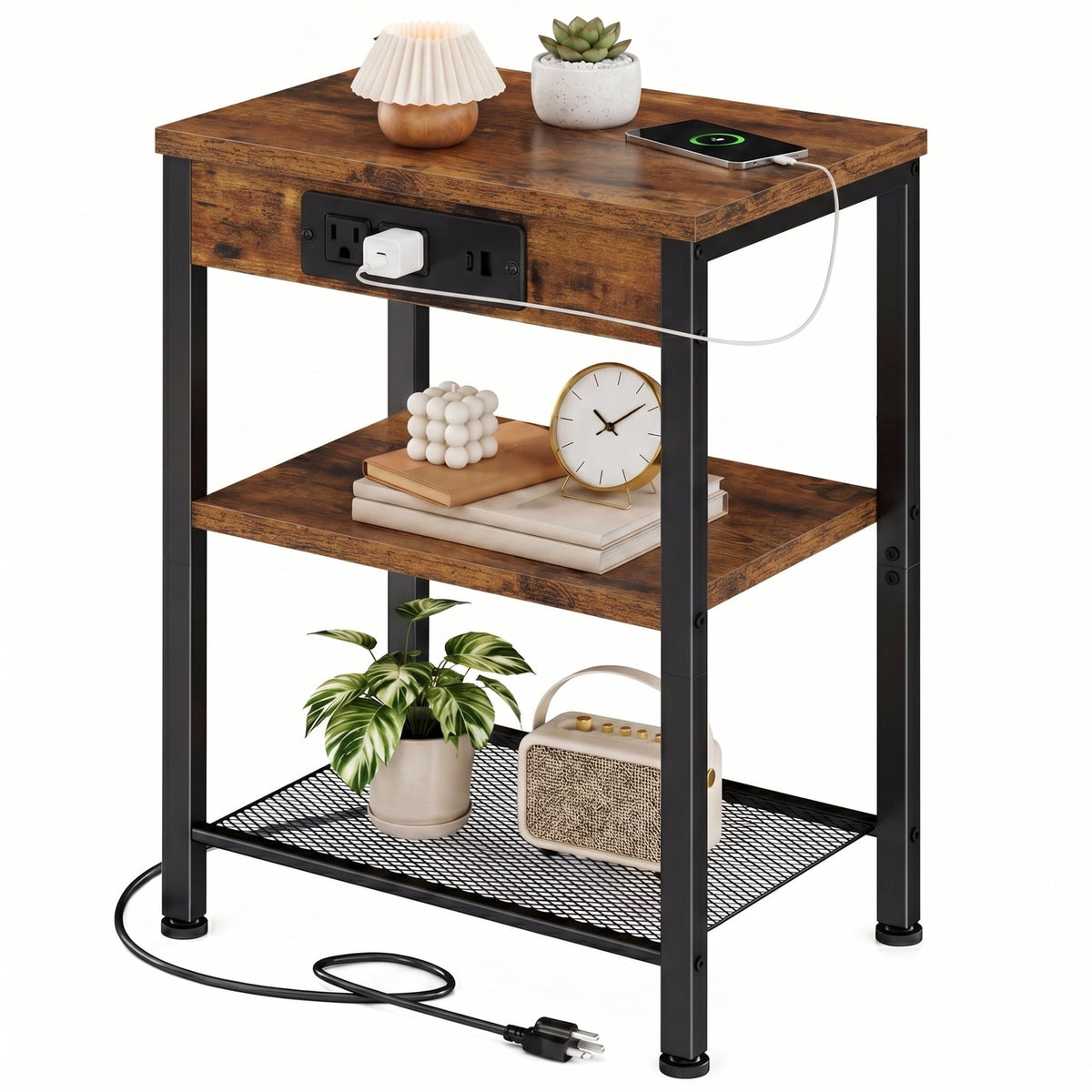 JIOABL 3-Tier Side Table with USB & AC Charging Station, Adjustable Shelves, Multi-Use for Living Room & Bedroom