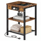 JIOABL 3-Tier Side Table with USB & AC Charging Station, Adjustable Shelves, Multi-Use for Living Room & Bedroom