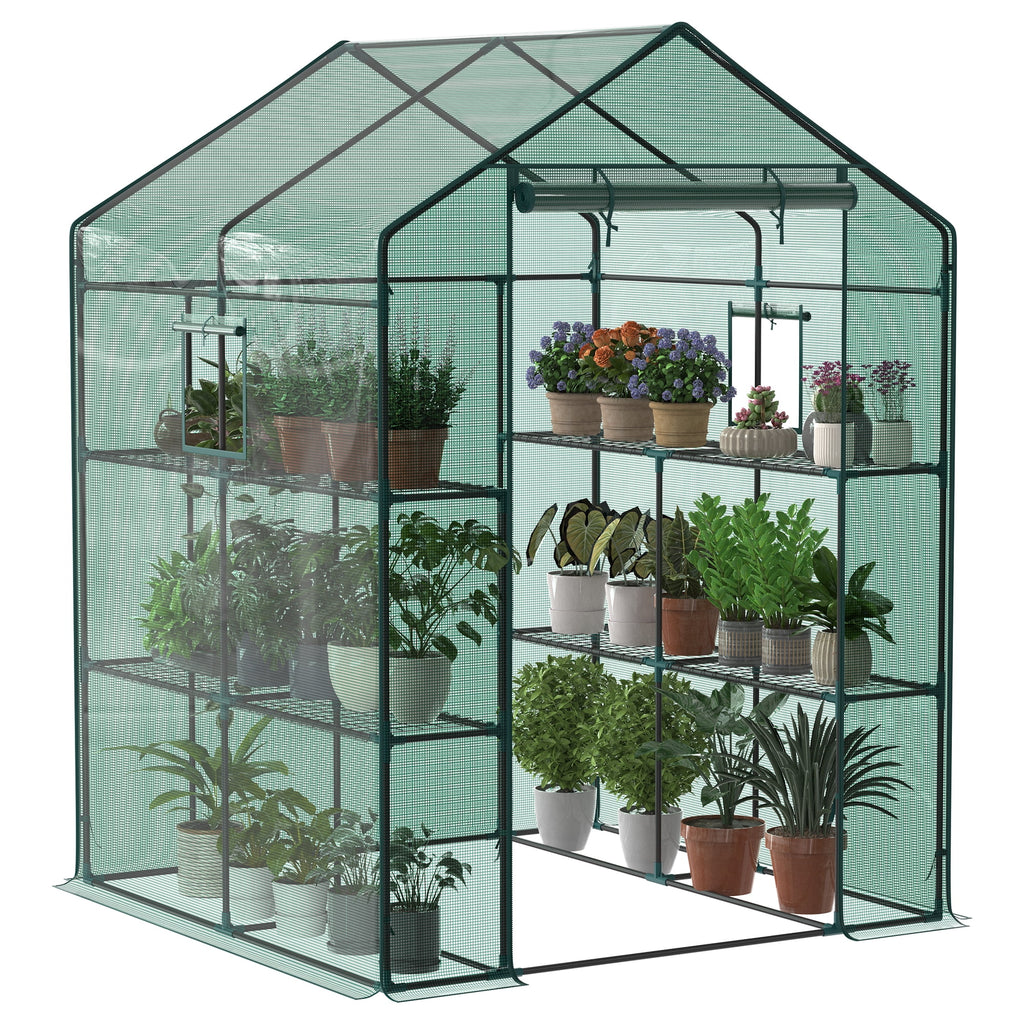 JIOABL 3-Tier Walk-In Greenhouse with PE Cover, Roll-Up Zipper Door & Side Windows, Steel Frame, Outdoor Plant Greenhouse for Garden, Patio, Green