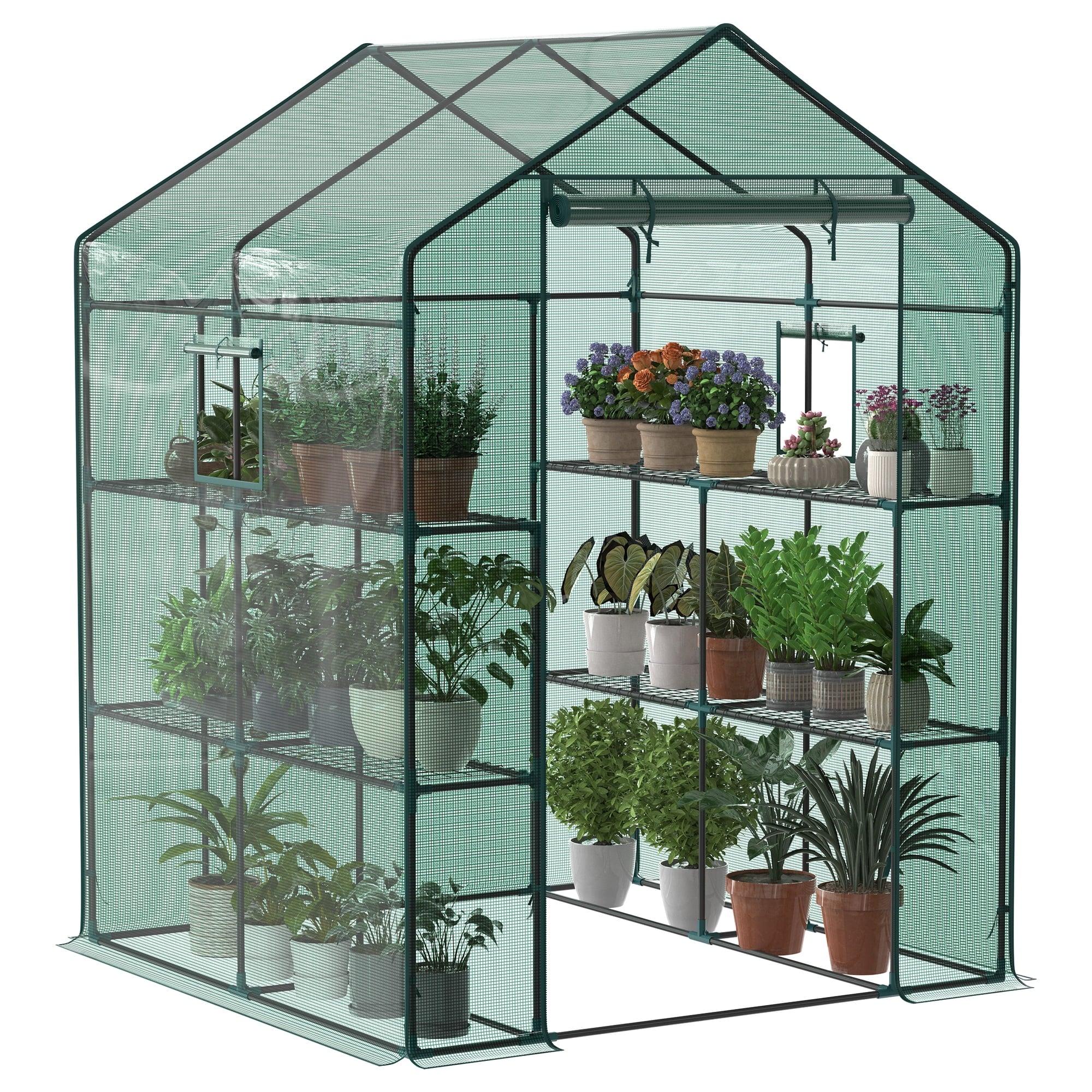 JIOABL 3-Tier Walk-In Greenhouse with PE Cover, Roll-Up Zipper Door & Side Windows, Steel Frame, Outdoor Plant Greenhouse for Garden, Patio, Green